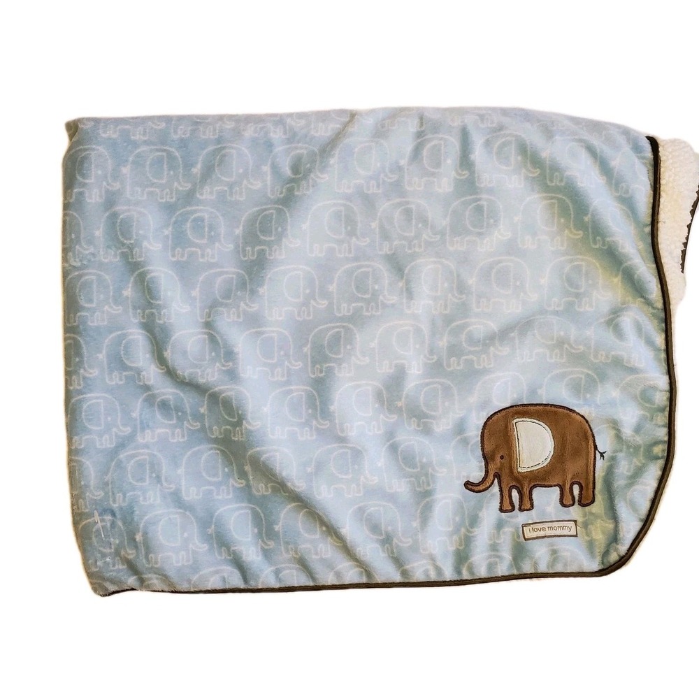 Carters Just One You Elephant Theme Blue/White Sherpa Baby Blanket I‎ Love Mommy